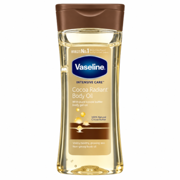 Bottle of Vaseline Cocoa Radiant Intensive Care Body Oil with brown cap and clear golden oil inside the bottle