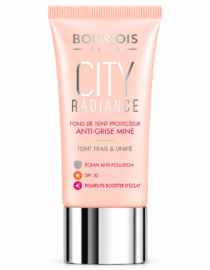 Peach foundation tube labeled Bourjois Paris City Radiance with SPF 30 and anti-pollution protection.