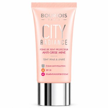 Peach foundation tube labeled Bourjois Paris City Radiance with SPF 30 and anti-pollution protection.