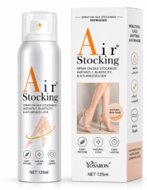 Air Stocking spray can with silver bottle and boxed packaging showing legs in heels; promotes instant elasticity and a flawless look for silk stockings (net 125ml).