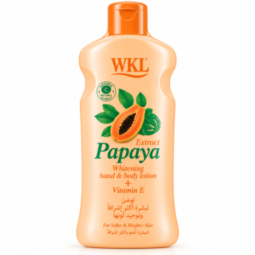 WKL Papaya Extract Whitening Hand and Body Lotion bottle with papaya graphic and vitamin E