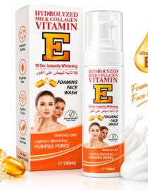 Packaging for Hydrolyzed Milk Collagen Vitamin E Foaming Face Wash with bottle and splash of foam; highlights cleansing and pore purification benefits.