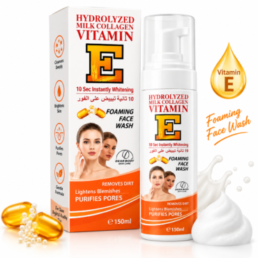 Packaging for Hydrolyzed Milk Collagen Vitamin E Foaming Face Wash with bottle and splash of foam; highlights cleansing and pore purification benefits.