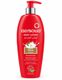 Red Glysolid body lotion bottle with pump, labeled Musk, sold for moisturizing and smoothing skin with vitamin E & glycerin