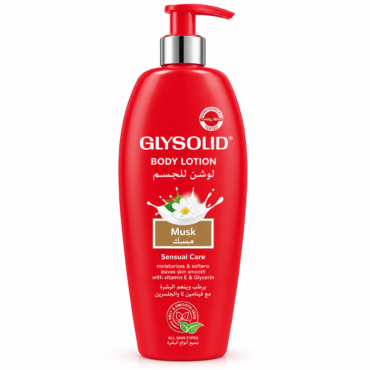 Red Glysolid body lotion bottle with pump, labeled Musk, sold for moisturizing and smoothing skin with vitamin E & glycerin
