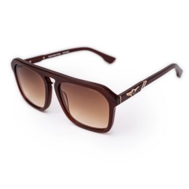 Brown rectangular sunglasses with gradient brown lenses and gold wing emblem on the temple, close-up view.