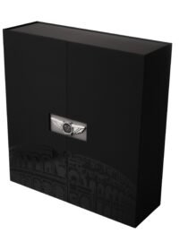Black rectangular safe with a silver winged emblem on the front panel