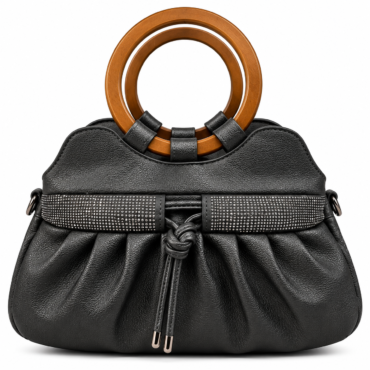 Black leather handbag with ruched front and distinctive orange circular wooden handles