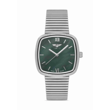 Stainless steel square-faced wristwatch with a green dial, silver hour markers, and a metal expansion band.