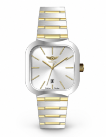 Two tone silver and gold wristwatch with a rounded square dial gold baton markers date window at 6 and a metal link band