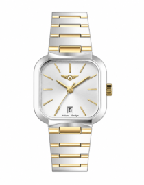 Two tone silver and gold wristwatch with a square rounded face and a date window at 6 oclock