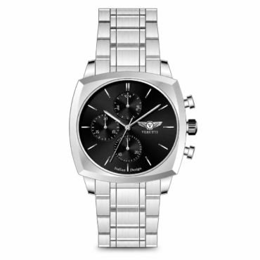 Silver chronograph wristwatch with black dial, three subdials, and a metal link bracelet.