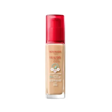 Bourjois Healthy Mix foundation bottle with a red pump cap and beige liquid inside
