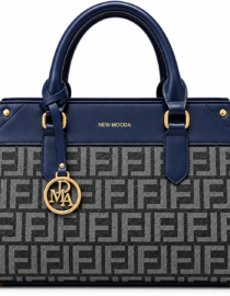 Blue and gray structured handbag featuring a repeating geometric logo pattern navy leather trim gold hardware and a circular pendant charm Brand name NEW MOODA appears on the top front