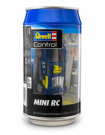Blue Revell Control Mini RC can on a dark countertop in a toy store with shelves of boxed toys in the background