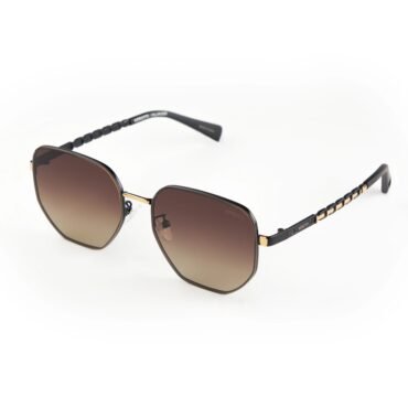 Sunglasses with black frames, gold accents, and brown gradient lenses on a white background.