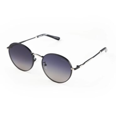 Close-up of black metal-framed sunglasses with dark gradient lenses on a white background, angled toward the bottom left corner.