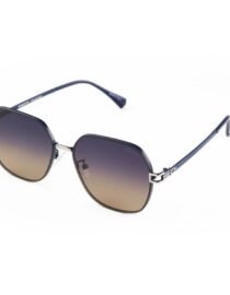 Blue metal framed sunglasses with gradient lenses resting on a white surface
