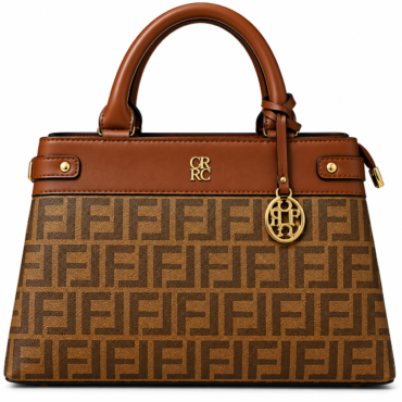 Brown designer handbag with tan leather trim gold hardware and a repeating FF monogram pattern on the body