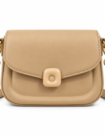 Beige leather crossbody bag with a rounded flap and gold tone hardware including a square clasp and strap attachments