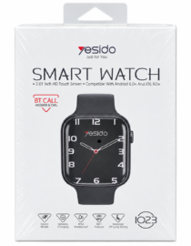 Yesido Smart Watch packaging showing a black square faced smartwatch with white numerals on a white box background