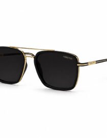 Gold toned frame sunglasses with black square lenses Verutti branding on lens and temple pictured against a white background for product display