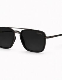 Verutti black sunglasses with dark rectangular lenses and a slim metal frame featuring a double bridge