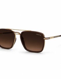 Brown tinted Verutti sunglasses with gold frame square lenses and slim arms on a white background