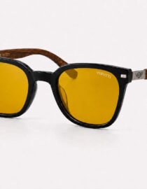 Black framed sunglasses with yellow lenses and wood textured temples Verutti branding visible on the frame