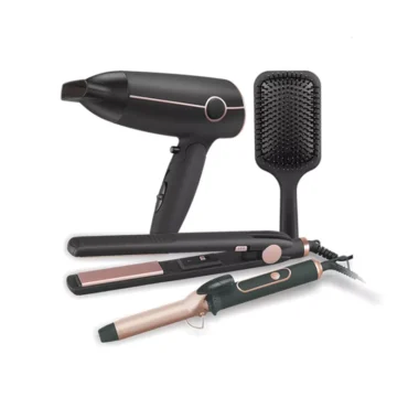 Set of black and rose-gold hair styling tools: hair dryer, straightening iron, curling wand, and a paddle brush