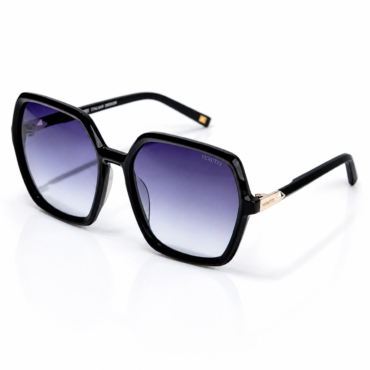 Black square-framed sunglasses with purple-tinted lenses lying on a white surface, brand name visible on the temple.
