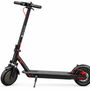 Black electric scooter with red accents, standing on a kickstand against a white background.