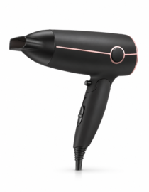 Black hair dryer with rose-gold accents-1 - المول الشامل في الاردن Black handheld hair dryer with pink accent line and circular control ring corded design for styling hair