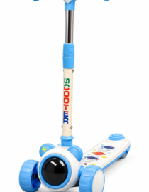Blue and white childrens scooter with three wheels and a space themed deck accented in blue