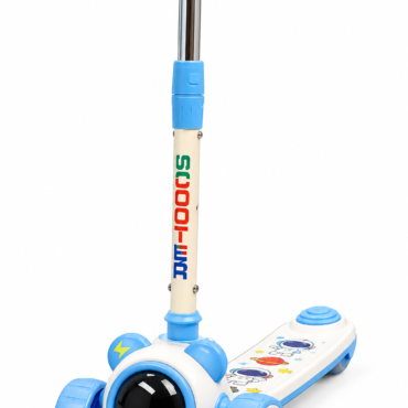 Blue and white children's scooter with three wheels and a space-themed deck accented in blue.