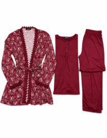 Set of burgundy bedtime wear lace trim robe with belt matching long sleeve henley top and full length pants in a deep red