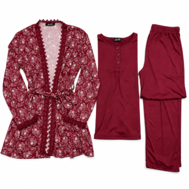 Set of burgundy bedtime wear: lace-trim robe with belt, matching long-sleeve henley top, and full-length pants in a deep red.