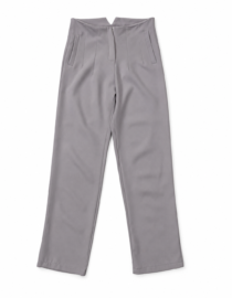 Gray tailored trousers laid flat with front pockets and a zip fly