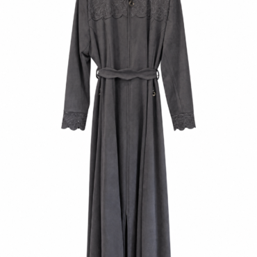 Long charcoal grey suede robe with lace-embellished yoke and scalloped cuffs, tied at the waist with a belt