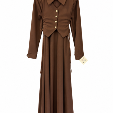 Brown long-sleeve dress on a hanger featuring a structured, button-front bodice, waist ruching, and a full floor-length skirt with draped panels on the sides.