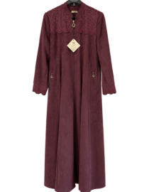 Long burgundy suede coat with scalloped lace trim on the yoke and cuffs zipper front hung on a hanger with a tag attached