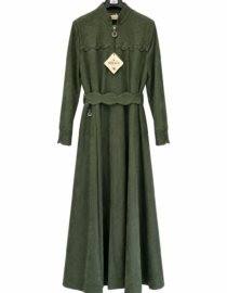 Green long belted coat dress with scalloped lace yoke and cuff embroidery on a hanger with a product tag attached