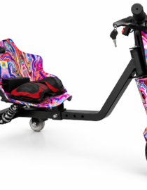 Colorful tri wheel kick scooter with a seat and swirling pink blue pattern child rideable with handlebars and safety strap