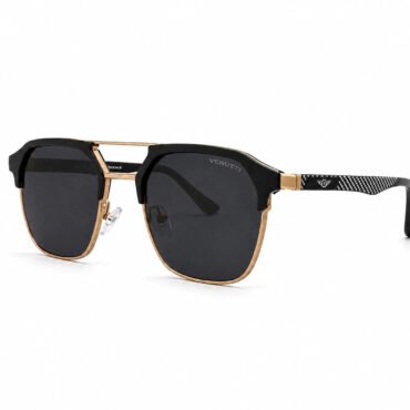 Designer sunglasses with gold metal frame, dark square lenses, Verutti branding, and patterned temple tips on a white background.