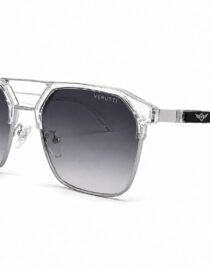 Clear plastic sunglasses with a transparent frame and dark to light gray gradient lenses Verutti branding on the lens area