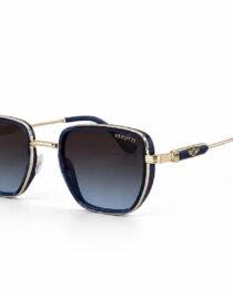 Blue square frame sunglasses with gold metal trim and gradient lenses Verutti brand on the lens