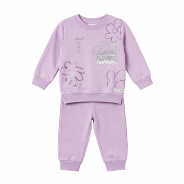 Lilac kids' sweatshirt and jogger set with glitter floral designs and ribbed cuffs and hem, front decorative flowers