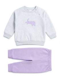 Gray kids sweatshirt with a purple cat graphic on the chest shown with lavender pants below