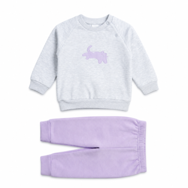 Gray kids' sweatshirt with a purple cat graphic on the chest, shown with lavender pants below.