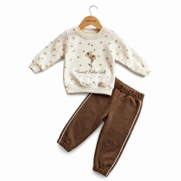Cream baby outfit: floral-print sweatshirt with 'Sweet Baby Girl' and matching brown pants, displayed on a wooden rack.